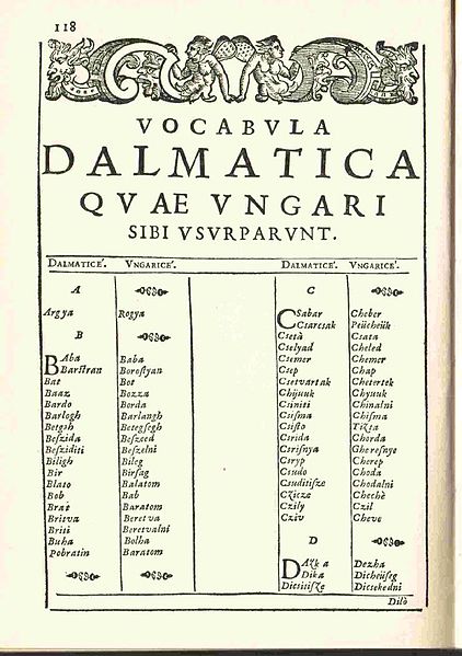 A Verancsics szerkesztette Dalmát szótár egy lapja